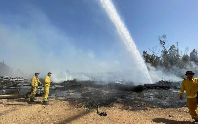 Firefighters battle a blaze near the Gan HaShlosha national park in northern Israel, on July 3, 2021. (Fire and Rescue Services)