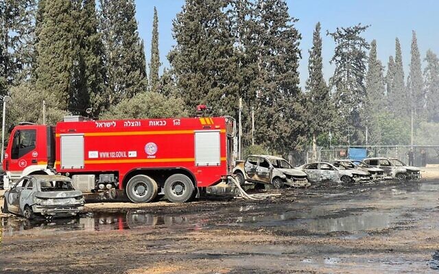 Firefighters put out a blaze near the Gan HaShlosha national park in northern Israel, on July 3, 2021. (Fire and Rescue Services)