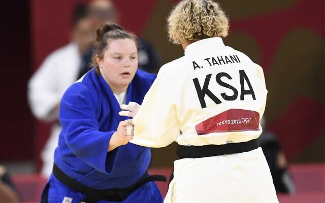 Saudi Arabia’s judoka Tahani Al-Qahtani faces off against Israel’s Raz Hershko, at the Tokyo 2020 Olympic Games, on July 30, 2021. (Israel Olympic Committee) Saudi Arabia’s judoka Tahani Al-Qahtani faces off against Israel’s Raz Hershko, at the Tokyo 2020 Olympic Games, on July 30, 2021. (Israel Olympic Committee)