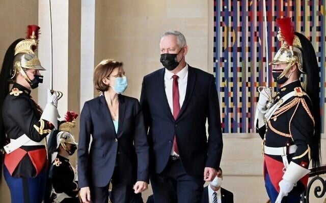 Defense Minister Benny Gantz is greeted by his French counterpart Florence Parly in Paris on July 28, 2021. (Ariel Hermoni/Defense Ministry) Defense Minister Benny Gantz is greeted by his French counterpart Florence Parly in Paris on July 28, 2021. (Ariel Hermoni/Defense Ministry)