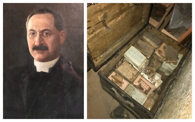 Rabbi J. Leonard Levy, and a recently rediscovered trunk containing his sermons from over 100 years ago. (Courtesy Rodef Shalom Congregation/ Matthew Falcone)