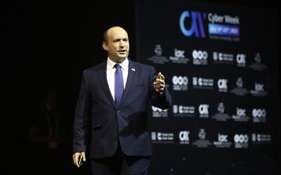 Israeli PM Naftali Bennett speaking at the Cyber Week conference in Tel Aviv on July 21, 2021 (Chen Galili, Tel Aviv University)