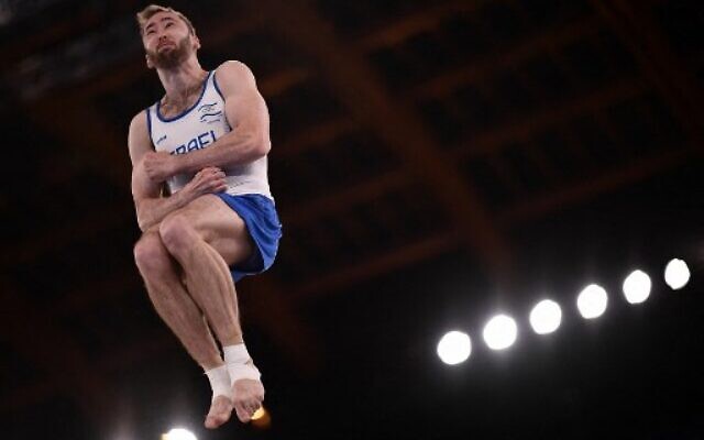 Israel's Artem Dolgopyat competes in the floor event of the artistic gymnastics men's floor exercise final during the Tokyo 2020 Olympic Games at the Ariake Gymnastics Centre in Tokyo on August 1, 2021. (Loic VENANCE / AFP)
