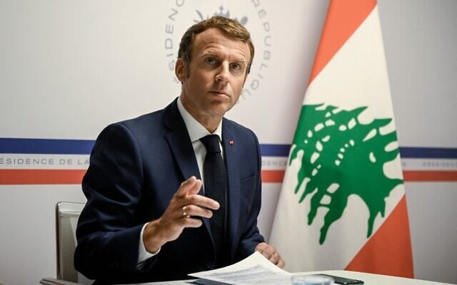 France's President Emmanuel Macron at the Lebanon donors' conference gathering online representatives of international institutions and heads of state, one year after the Beirut port blast, at the Fort de Bregancon, in Bormes-Les-Mimosas, southern France, on August 4, 2021. (Christophe Simon/Pool/AFP) France's President Emmanuel Macron at the Lebanon donors' conference gathering online representatives of international institutions and heads of state, one year after the Beirut port blast, at the Fort de Bregancon, in Bormes-Les-Mimosas, southern France, on August 4, 2021. (Christophe Simon/Pool/AFP)
