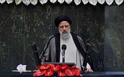 Iran's new President Ebrahim Raisi speaks at his swearing-in ceremony at the Iranian parliament in the capital Tehran, on August 5, 2021. (Atta Kenare/AFP)