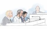Courtroom sketch shows Iranian defendant Hamid Noury (2nd from left) sitting in the District Court of Stockholm with his defense attorney Daniel Marcus (3rd from left) on the opening of his trial for war crimes and murder, on August 10, 2021. (Anders Humlebo/AFP)