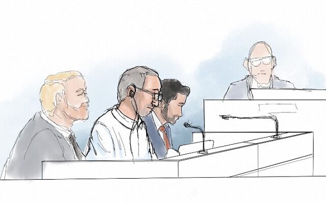Courtroom sketch shows Iranian defendant Hamid Noury (2nd from left) sitting in the District Court of Stockholm with his defense attorney Daniel Marcus (3rd from left) on the opening of his trial for war crimes and murder, on August 10, 2021. (Anders Humlebo/AFP)