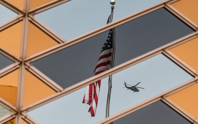 The US flag is reflected on the windows of the US embassy building in Kabul, Afghanistan, July 30, 2021. (Sajjad Hussain/AFP) The US flag is reflected on the windows of the US embassy building in Kabul, Afghanistan, July 30, 2021. (Sajjad Hussain/AFP)