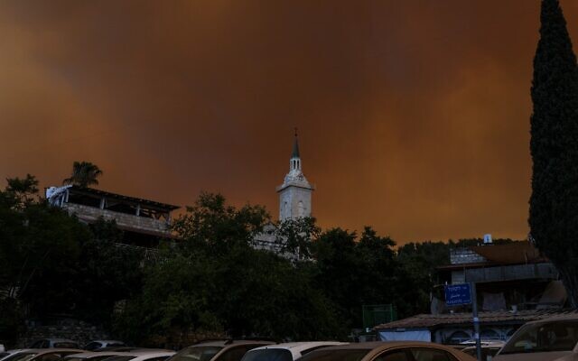 Smoke and flames rise from a forest fire in the Jerusalem Hills near Moshav Shoresh, on August 15, 2021 (Menahem KAHANA / AFP)