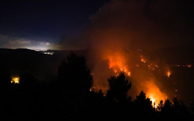 Heavy smoke and flames rise from a wildfire in the Jerusalem Hills near Moshav Shoresh, on August 15, 2021. (Menahem KAHANA / AFP)