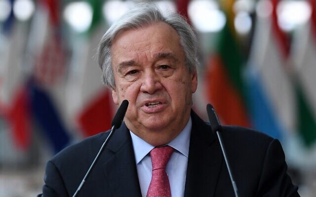 UN Secretary-General Antonio Guterres addresses media representatives at a European Union summit in Brussels, on June 24, 2021. (John Thys/Pool/AFP) UN Secretary-General Antonio Guterres addresses media representatives at a European Union summit in Brussels, on June 24, 2021. (John Thys/Pool/AFP)