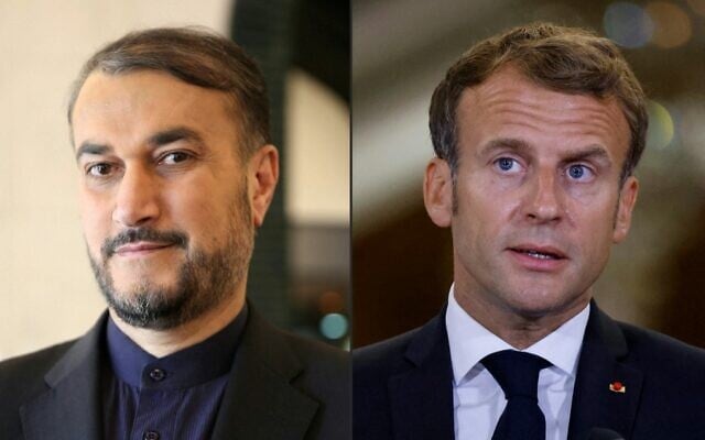 This combination of pictures shows Iran's Hossein Amirabdollahian (left) and French President Emmanuel Macron. (Sabah Arar and Ludovic Marin/Various Sources/AFP)