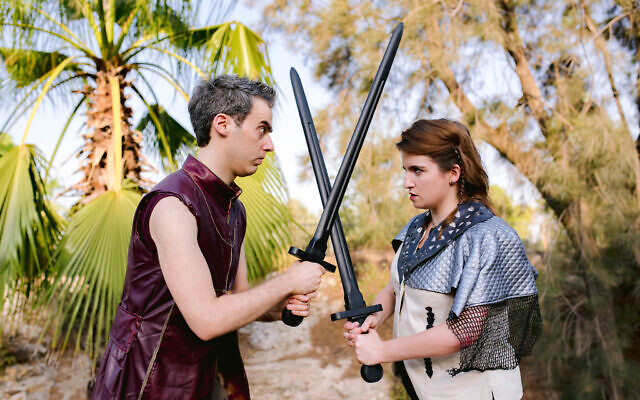 Natan Skop, Theater in the Rough co-founder, plays Henry V in the community theater's upcoming production in Jerusalem's Bloomfield Gardens; here with fellow actor Avital Sykora (Courtesy Yitz Woolf)