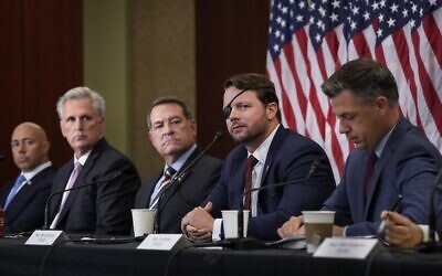 (L-R) Rep. Brian Mast (R-FL), House Minority Leader Kevin McCarthy (R-CA), Rep. Mark Green (R-TN) Rep. Dan Crenshaw (R-TX) and Rep. Jim Banks (R-IN) listen during a meeting with House Republicans, including those who served in the military, about the American military withdrawal in Afghanistan at the U.S. Capitol on August 30, 2021 in Washington, DC. (Drew Angerer / GETTY IMAGES NORTH AMERICA / Getty Images via AFP)