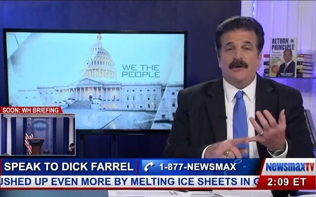 Screen capture from video of Dick Farrel hosting a show on Newsmax on February 13, 2018. (YouTube via JTA/ File) Screen capture from video of Dick Farrel hosting a show on Newsmax on February 13, 2018. (YouTube via JTA/ File)