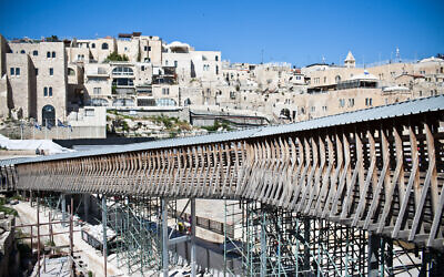 The wooden Mughrabi Bridge leading up from the Western Wall plaza to the Temple Mount compound in Jerusalem's Old City. April 17,2012. (Noam Moskowitz/ Flash 90)
