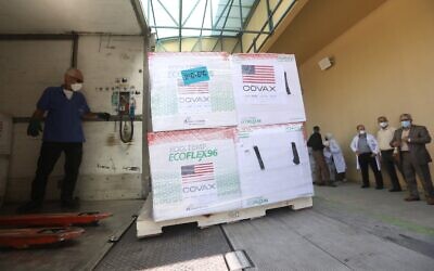 A shipment of vaccines from the US via the COVAX mechanism arriving in the West Bank, on August 24, 2021. (WAFA)