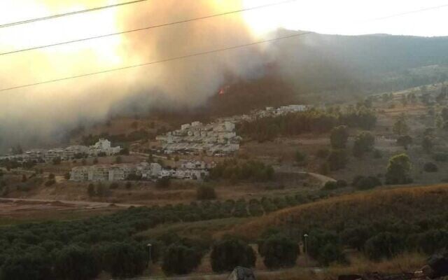 A fire burns near Kiryat Shmona, on August 12, 2021. (Itamar Katz/KKL)