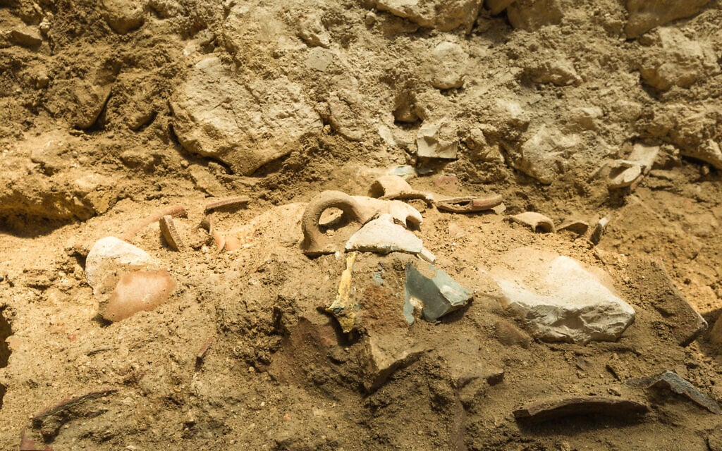 Remains of tools discovered in Jerusalem's City of David within a layer of destruction from the 8th century BCE, which coincided with a massive earthquake mentioned in the Bible. The tools were likely shattered during the quake. (Eliyahu Yanai/ City of David)