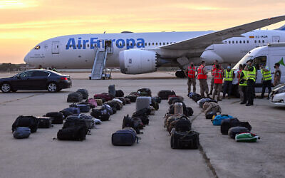 Afghan refugees' luggage sits at the Torrejon de Ardoz air base in Madrid, Spain, on August 24, 2021. (Jesus Hellin/Europa Press via Getty Images)