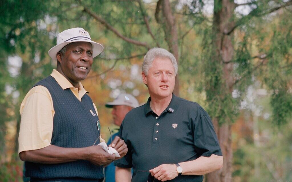 Former US president Bill Clinton, right, with close friend Vernon Jordan at the
2000 Presidents Cup at the Robert Trent Jones Golf Club in Gainesville, Virginia. (PGA TOUR Archive via Getty Images/ via Gary Ginsberg)