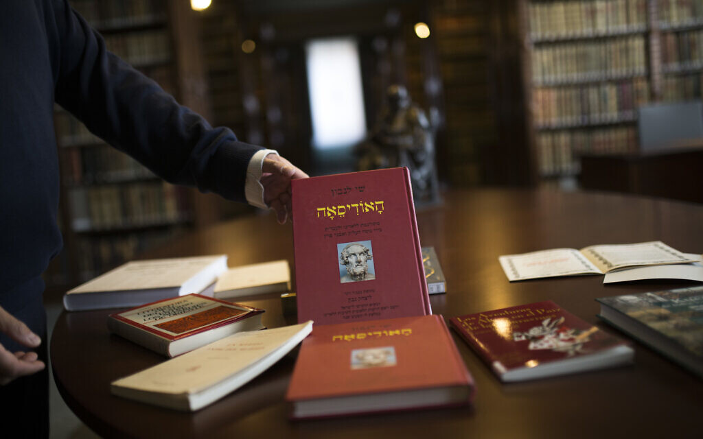 Books written on and about the Ladino or Judeo-Spanish language are set up for a photograph at the library of the Royal Spanish Academy in Madrid, February 20 , 2018. (AP Photo/Francisco Seco)