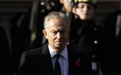 Former British prime minister Tony Blair attends the Remembrance Sunday ceremony at the Cenotaph in Whitehall in London, November 10, 2019. (AP Photo/Matt Dunham)