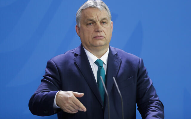 Hungary's Prime Minister Victor Orban briefs the media in Berlin, Germany, on February 10, 2020. (AP/Markus Schreiber) Hungary's Prime Minister Victor Orban briefs the media in Berlin, Germany, on February 10, 2020. (AP/Markus Schreiber)
