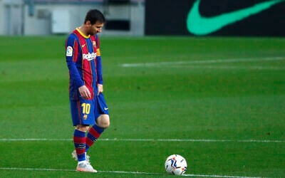 In this file photo dated Thursday, April 29, 2021, Barcelona's Lionel Messi reacts during the Spanish La Liga match against Granada at the Camp Nou stadium in Barcelona, Spain. (AP/Joan Monfort)