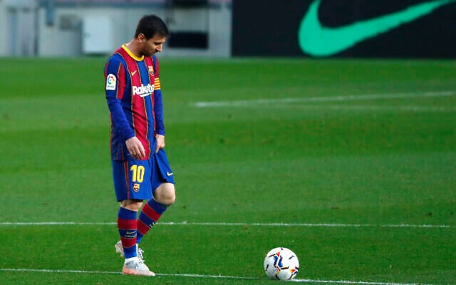 In this file photo dated Thursday, April 29, 2021, Barcelona's Lionel Messi reacts during the Spanish La Liga match against Granada at the Camp Nou stadium in Barcelona, Spain. (AP/Joan Monfort)