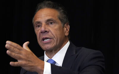 Then New York Governor Andrew Cuomo speaks during a news conference at New York's Yankee Stadium, on July 26, 2021. (AP Photo/Richard Drew, File)