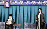 Newly elected Iranian President Ebrahim Raisi, right, speaks after receiving official seal of approval of Supreme Leader Ayatollah Ali Khamenei, left, in an endorsement ceremony in Tehran, Iran, August 3, 2021. (Office of the Iranian Supreme Leader via AP)