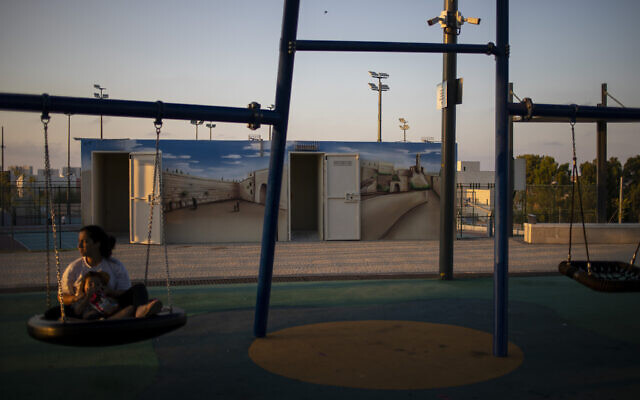 The doors of bomb shelters are open in a public park in Sderot on July 28, 2021. (AP Photo/Ariel Schalit) The doors of bomb shelters are open in a public park in Sderot on July 28, 2021. (AP Photo/Ariel Schalit)