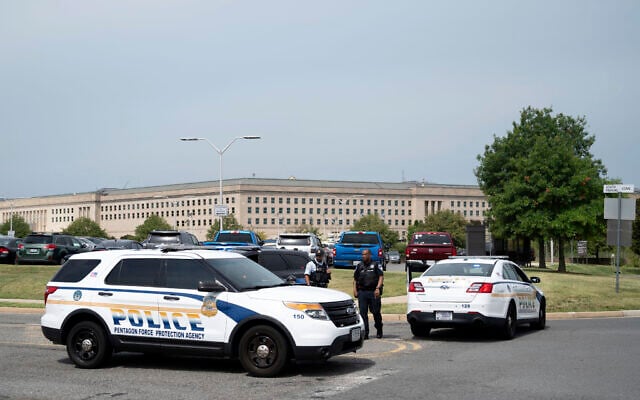 Police block off an entrance to the Pentagon following reports of multiple gun shots fired on a bus platform near the facility’s Metro station, August 3 2021, in Washington. (AP Photo/Kevin Wolf) Police block off an entrance to the Pentagon following reports of multiple gun shots fired on a bus platform near the facility’s Metro station, August 3 2021, in Washington. (AP Photo/Kevin Wolf)