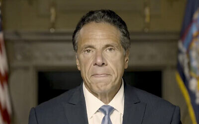 In this image taken video provided by Office of the NY Governor, New York Gov. Andrew Cuomo makes a statement on a pre-recorded video, released Tuesday, Aug. 3, 2021, in New York. (Office of the NY Governor via AP)
