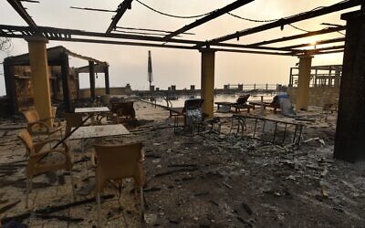 A burnt hotel during a wildfire in Lalas village, near Olympia town, western Greece, Thursday, Aug. 5, 2021. (Giannis Spyrounis/ilialive.gr via AP)