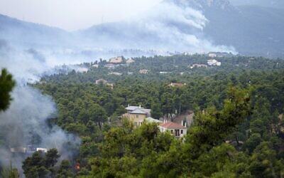 Wildfire burns a forest in Ippokratios Politia village, about 35 kilometres (21 miles) north of Athens, Greece, Friday, Aug. 6, 2021.(AP Photo/Thanassis Stavrakis)