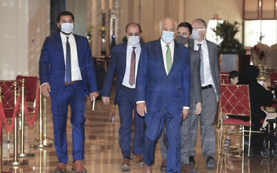 US peace envoy for Afghanistan Zalmay Khalilzad arrives for talks in Doha, Qatar, on August 10, 2021. (AP Photo/Hussein Sayed)