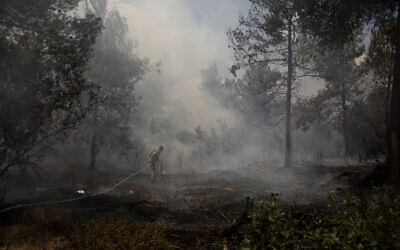 An Israeli firefighter works to battle a second day of wildfires near Shoresh, on the outskirts of Jerusalem, August 16, 2021. (AP Photo/Maya Alleruzzo)