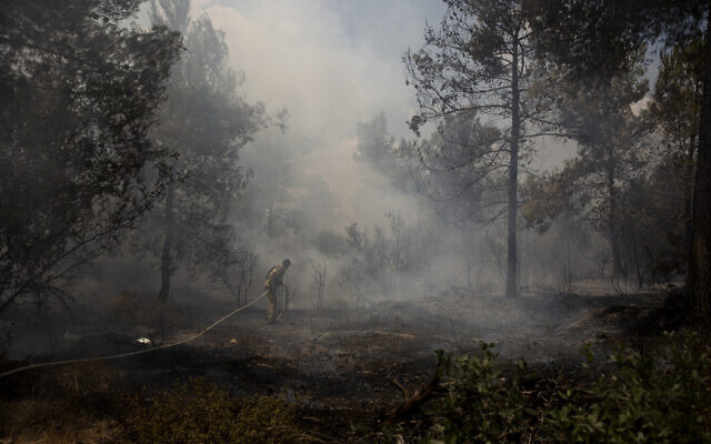 An Israeli firefighter works to battle a second day of wildfires near Shoresh, on the outskirts of Jerusalem, August 16, 2021. (AP Photo/Maya Alleruzzo)