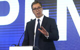 Serbia's President Aleksandar Vucic talks for the media during a news conference in Skopje, North Macedonia, on July 29, 2021. (AP Photo/Boris Grdanoski, file)