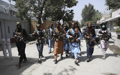 Taliban fighters patrol in the Wazir Akbar Khan neighborhood in the city of Kabul, Afghanistan, Aug. 18, 2021.  (Rahmat Gul/AP)