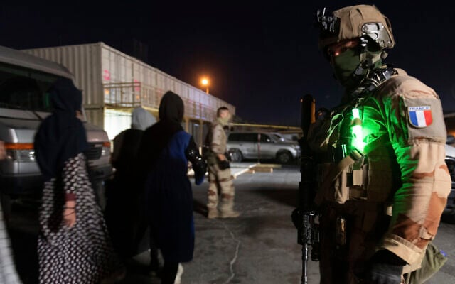 This photo provided on August 24, 2021, by the French Army shows a French soldier at Kabul airport, Afghanistan. (Etat-Major des Armees via AP)