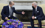 US President Joe Biden (right) meets with Prime Minister Naftali Bennett in the Oval Office of the White House, on Friday, August 27, 2021, in Washington, DC. (AP Photo/Evan Vucci)