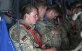 In this handout photo provided by the Ministry of Defence, UK military personnel onboard a A400M aircraft departing Kabul, Afghanistan, Saturday, Aug. 28, 2021.  (Jonathan Gifford/Ministry of Defence via AP)