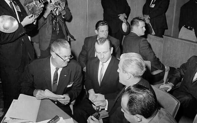 Jack Ruby, seated, second from left, with his attorneys, including Sam Houston Clinton, at his sanity hearing in Dallas, Texas, October 15, 1965. (AP Photo/Dave Taylor)