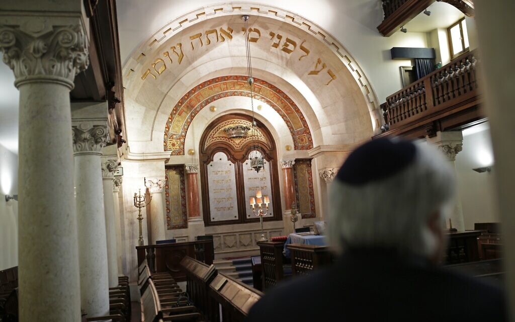 Illustrative: Jose Oulman Bensaude Carp, President of the Jewish community in Lisbon, waits to be interviewed by The Associated Press at the main Jewish synagogue in Lisbon, January 28, 2015. (AP Photo/Francisco Seco)