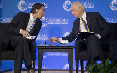 Then US Vice President Joe Biden (R) leans over to talk with Amos Hochstein, a State Department Special Envoy for International Energy Affairs, before speaking at the Caribbean Energy Security Summit at the State Department in Washington, January 26, 2015. (Pablo Martinez Monsivais/AP) Then US Vice President Joe Biden (R) leans over to talk with Amos Hochstein, a State Department Special Envoy for International Energy Affairs, before speaking at the Caribbean Energy Security Summit at the State Department in Washington, January 26, 2015. (Pablo Martinez Monsivais/AP)