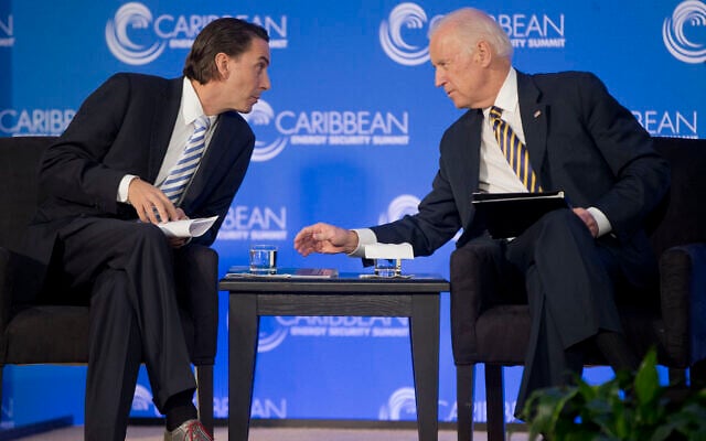 Then US Vice President Joe Biden (R) leans over to talk with Amos Hochstein, a State Department Special Envoy for International Energy Affairs, before speaking at the Caribbean Energy Security Summit at the State Department in Washington, January 26, 2015. (Pablo Martinez Monsivais/AP) Then US Vice President Joe Biden (R) leans over to talk with Amos Hochstein, a State Department Special Envoy for International Energy Affairs, before speaking at the Caribbean Energy Security Summit at the State Department in Washington, January 26, 2015. (Pablo Martinez Monsivais/AP)