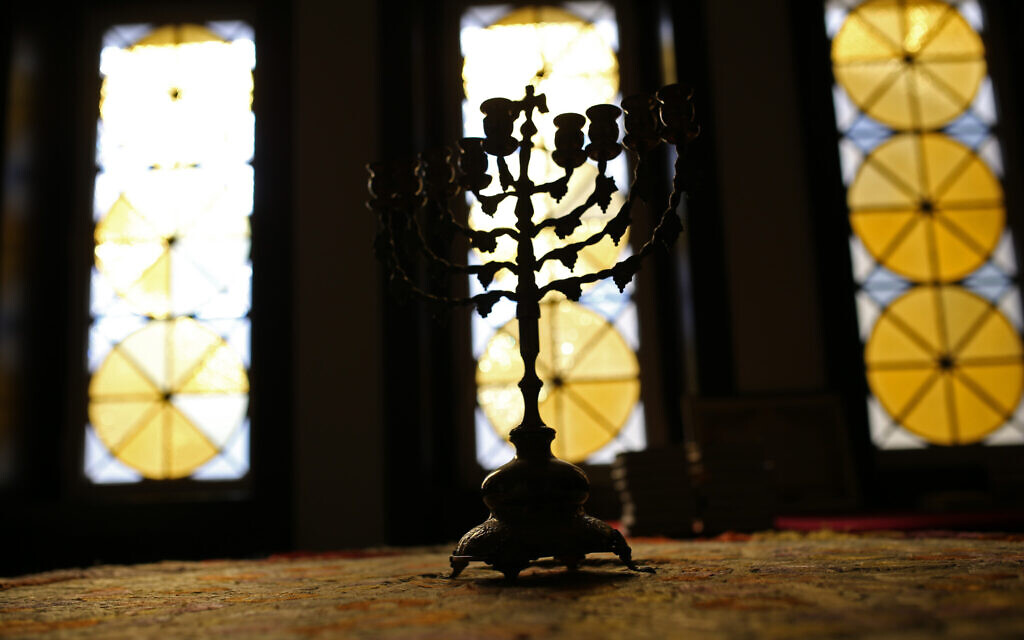 A nine-branched Jewish candelabrum, or Hanukkah Menorah, rests on a table in the main Jewish synagogue in Lisbon, Portugal,  May 5, 2015. (Francisco Seco/AP)